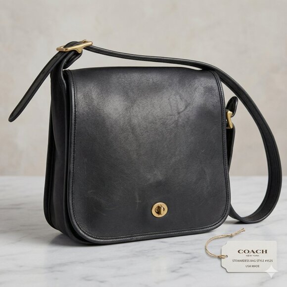 Coach Handbags - Vintage Coach Stewardess 9525 Black Glovetanned Leather Crossbody 90s Minimalist